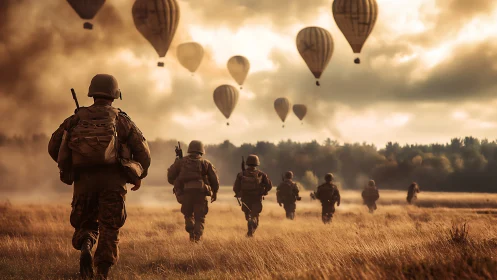 Soldiers advance across field under drifting hot air balloons.