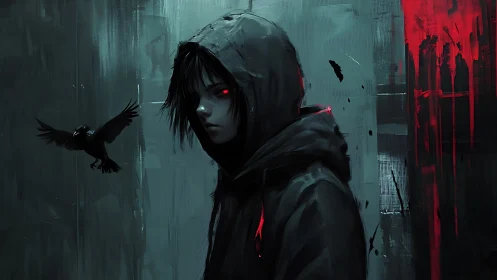 Hooded nocturnal entity with red ocular luminescence and crow.