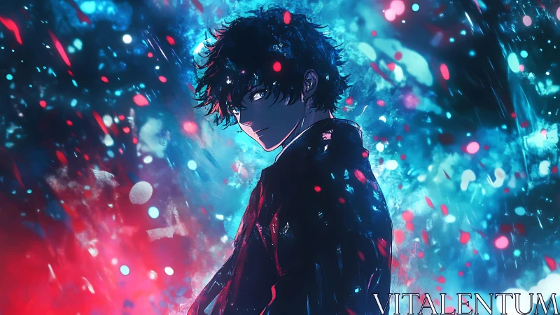 Brooding anime youth amid electric neon bokeh storm.