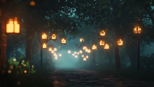 Lantern-lit forest path rendered with depth-of-field bokeh falloff