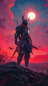 Armored warrior under red sunset sky with full moon.
