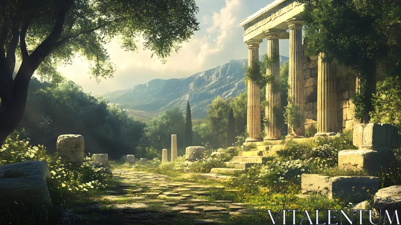 Sunlit ancient ruins wrapped in gentle green tranquility.