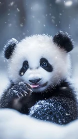 Photorealistic baby giant panda cub in soft falling snowfall