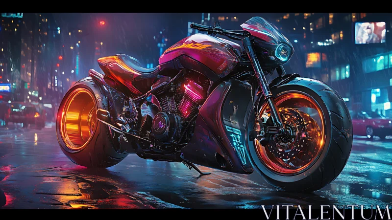 Neon-lit cyberpunk motorcycle roars across a rain-slick city street