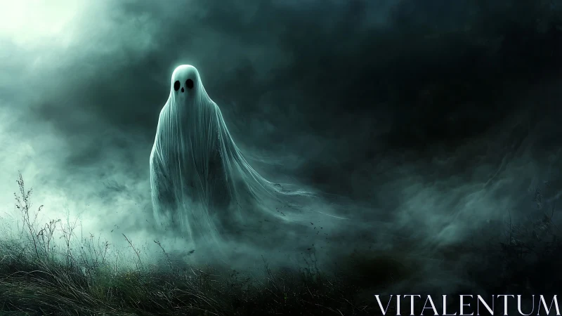 Translucent spectral figure in dense fog over dark ground.