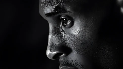 High-contrast monochrome close-up isolates skin texture and gaze