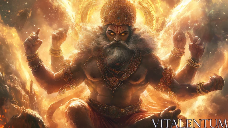 Mythic multi-armed deity rendered in high-contrast fiery luminance