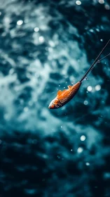 Vivid orange fish bait suspended above dynamic blurred water