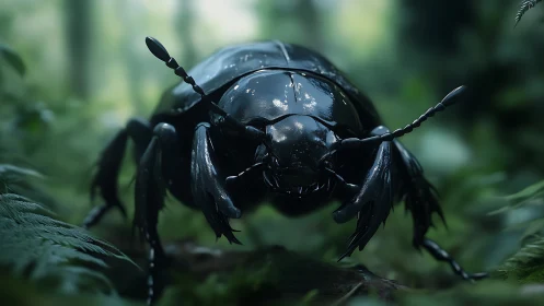 Midnight beetle knight prowl in mist-soaked forest shadows.