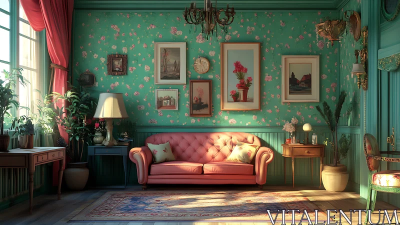 Sunlit vintage living room wraps a pink sofa in cozy charm