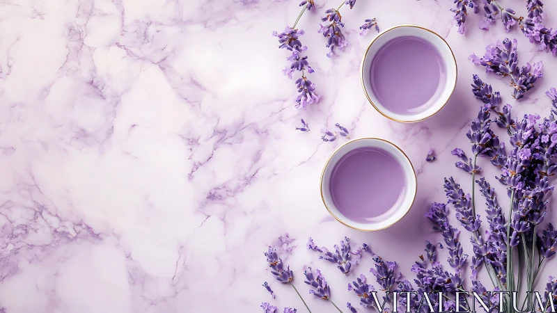 Top-down optical study of lavender tea on marble substrate.