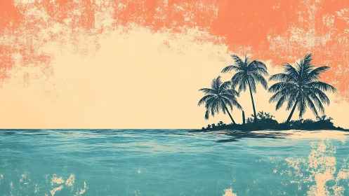 Tropical Island Paradise with Palm Trees at Golden Sunset