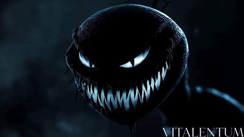 Sinister black creature with glowing teeth in cold light.