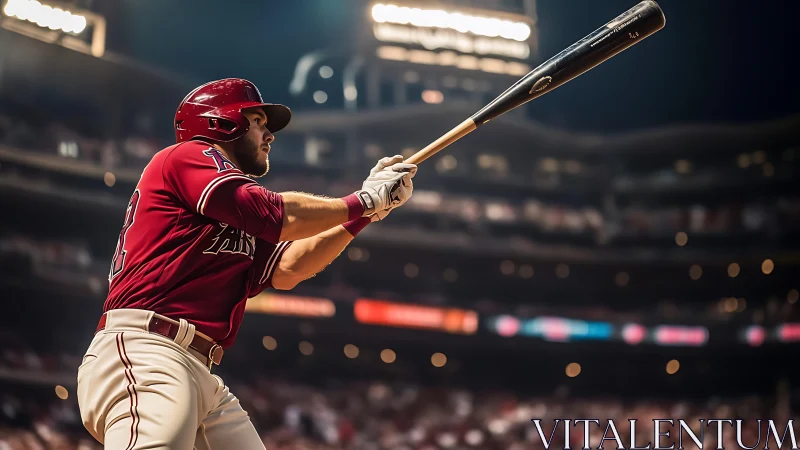 Powerful baseball swing under dramatic stadium lights.