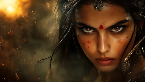Fierce warrior gaze burns through swirling embers and smoke