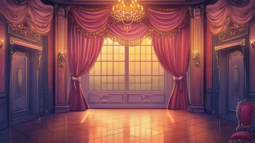 Opulent ballroom glows in sunset-lit royal drapery.