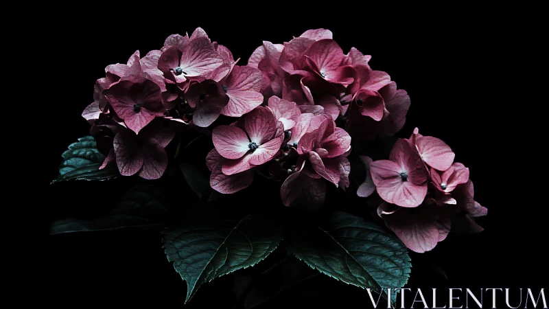 Magenta Hydrangea Cluster Against Dark Background.