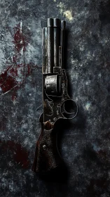 Weathered revolver sculpture against grunge steel wall.