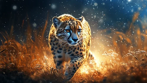 Cheetah with piercing blue eyes in stylized landscape.
