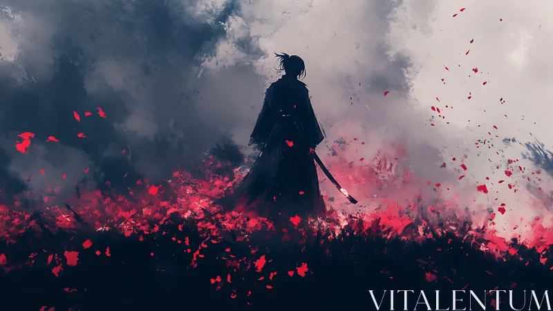 Lone samurai silhouette stands amid abstract crimson storm