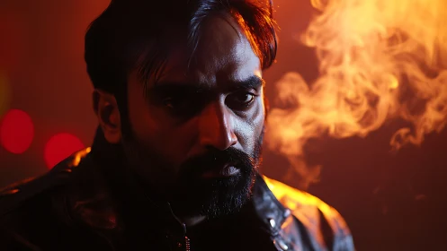 Brooding rebel in firelit haze and neon kissed shadows.