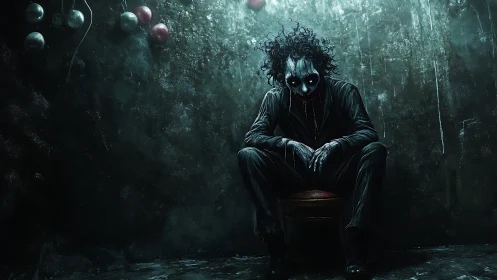 Grinning nightmare jester waits in a flooded concrete room.