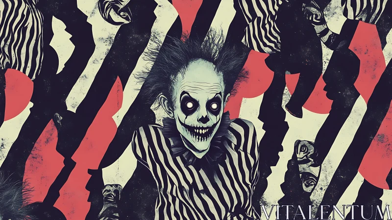 High-contrast skeletal clown portrait with striped surreal repetition