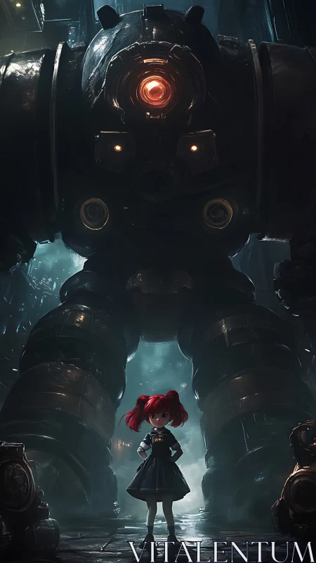 Small girl stands before large armored mech in corridor