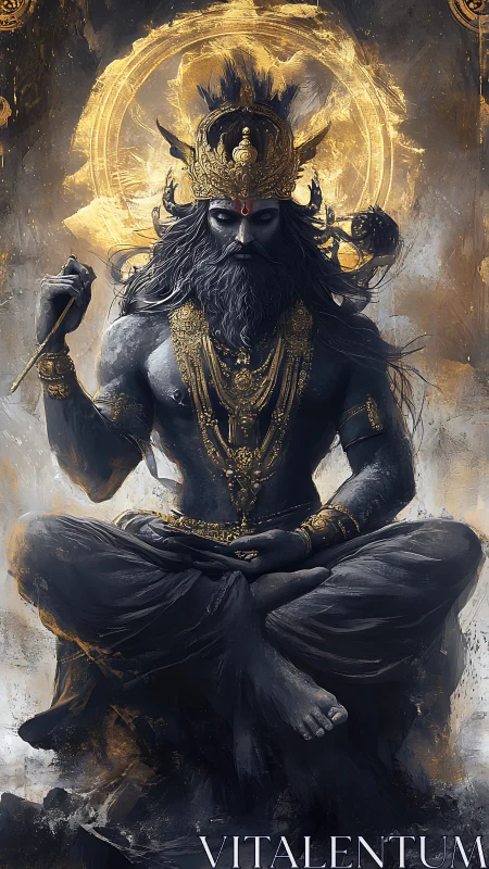 Dark divine figure in golden crown and meditative pose.