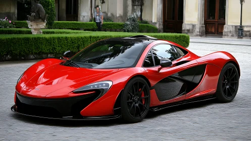 Red hybrid supercar parks on cobblestone drive before estate