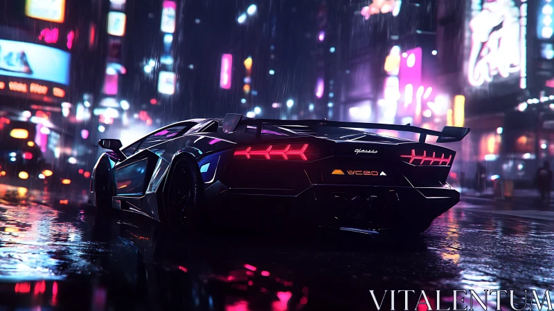 Cyberpunk hypercar profile in neon-soaked rainy streetscape.