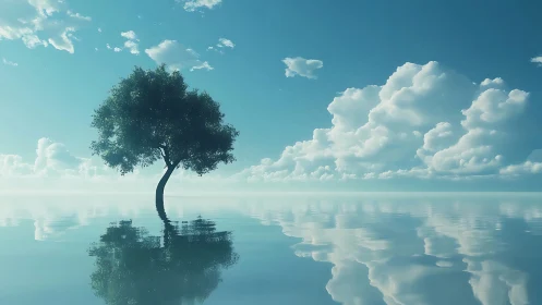 Lone Tree Reflected on Calm Water under Blue Sky, Surreal Art.