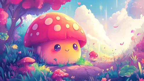 Smiling kawaii mushroom house glows in pastel fantasy forest