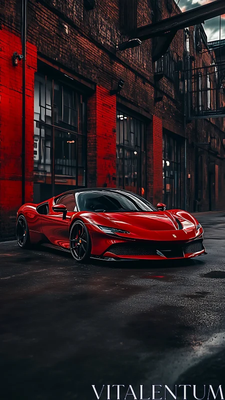 Photorealistic supercar in moody industrial alleyway setting.