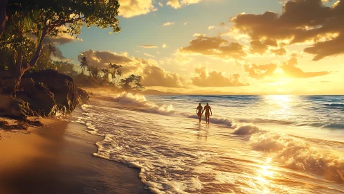 Golden sunset stroll captures romantic calm on tropical shore