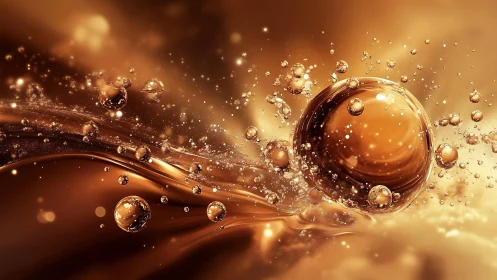 Golden liquid splash with floating bubbles in abstract digital art.