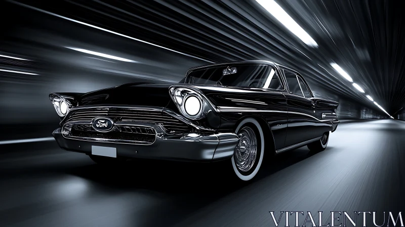 Retro-futuristic Ford sedan in high-velocity tunnel motion blur.