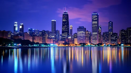 Urban skyline at night with high-rises and water reflections.