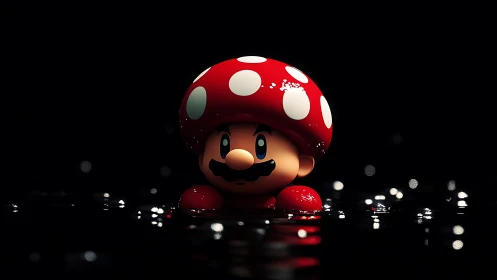 Mushroom-capped figure emerges from glossy dark water dramatically.
