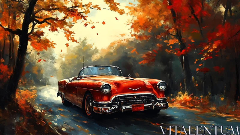 Crimson classic convertible cruising through glowing autumn woods.