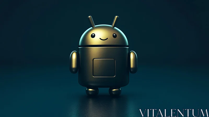 Golden android robot figurine on dark reflective surface.