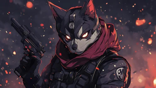 Anthropomorphic canine operative rendered in stylized anime noir