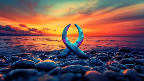 Twin crescent sculpture on vivid sunset shoreline seascape.