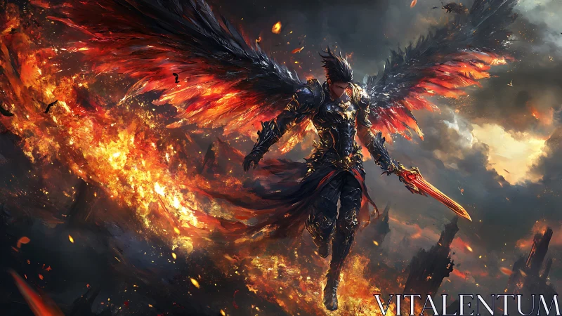 Armored winged warrior descends over burning battlefield