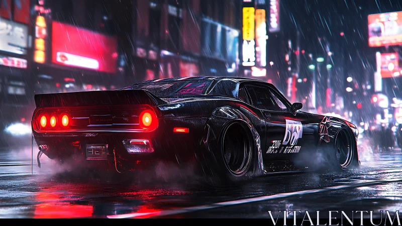 Muscle car drifts through neon-lit city streets in the rain