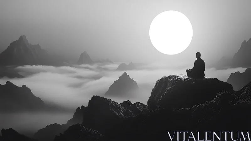 Silhouette on rocky peak before large sun over misty mountains.