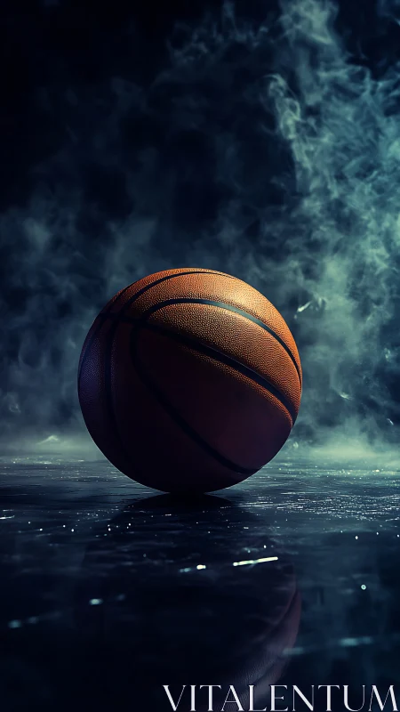 Solitary basketball crowned by smoky arena spotlight glow.