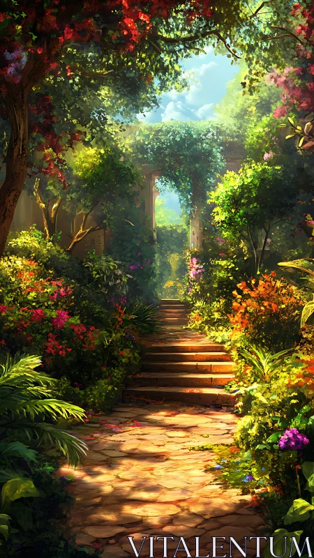 Sunlit stone steps wander into a secret garden cathedral