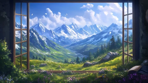 Mountain valley panorama framed by an open window.