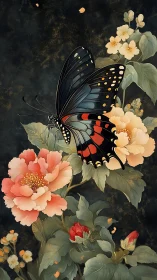 Midnight swallowtail resting among luminous peonies.